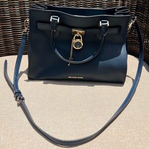 Michael Kors Hamilton Medium Leather Satchel Navy Blue